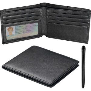 Men's Slim Bifold Wallet Credit Card Black Genuine Leather Blocking Designed